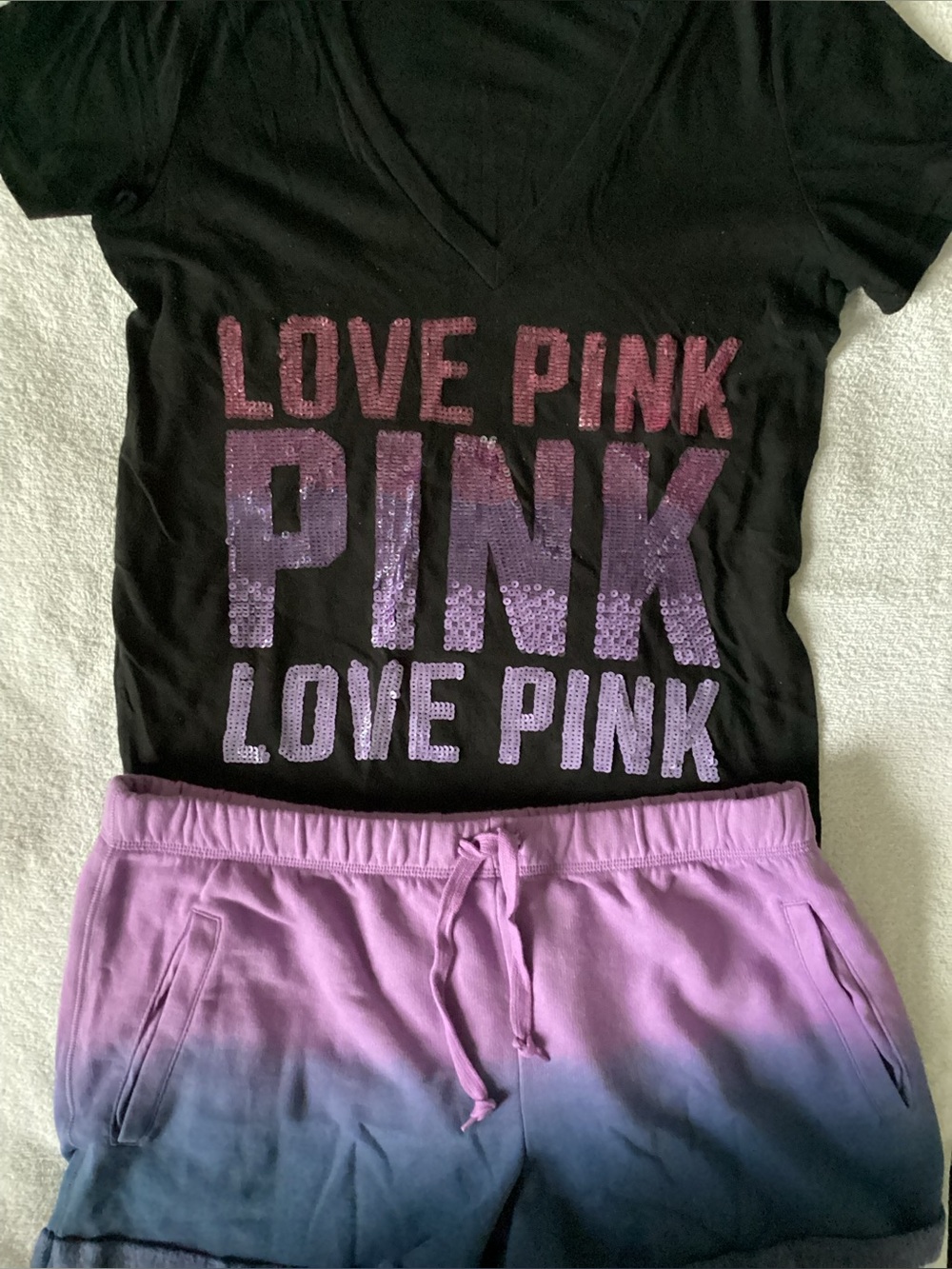 Victoria’s Secret LOVE PINK BLING Ombré V Neck Shirt Shorts L